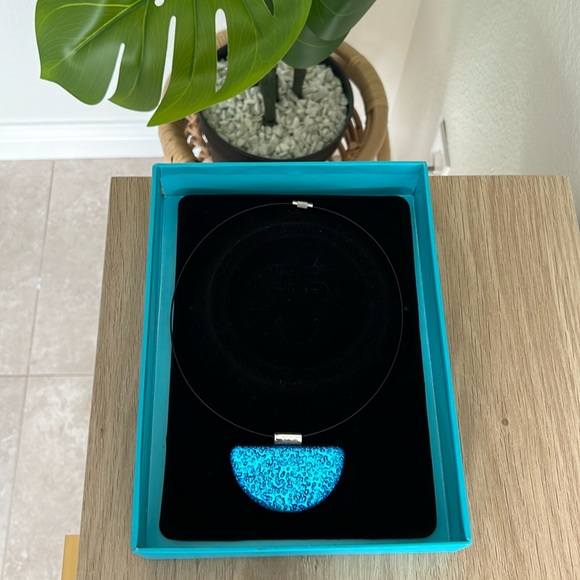 Teal Glass Necklace Sleek Modern Contemporary Elegant Minimalist Necklace - Picture 2 of 3